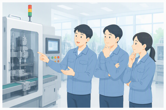 製造現場で、作業服姿の担当者が製造機を見ながら、二人の同僚に説明している様子を描いたイラスト