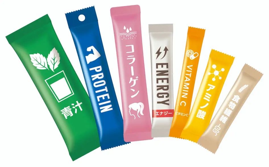 青汁やプロテインなど7種類の健康食品・サプリメント向けスティック包装の集合イメージ。