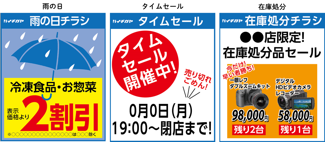 雨の日やタイムセールを例としたタイムリーチラシのイメージ
