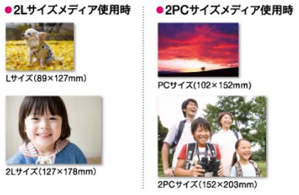 2Lサイズメディア使用時はLサイズと2Lサイズが出力でき、2PCサイズメディア使用時はPCサイズと2PCサイズが出力できます。