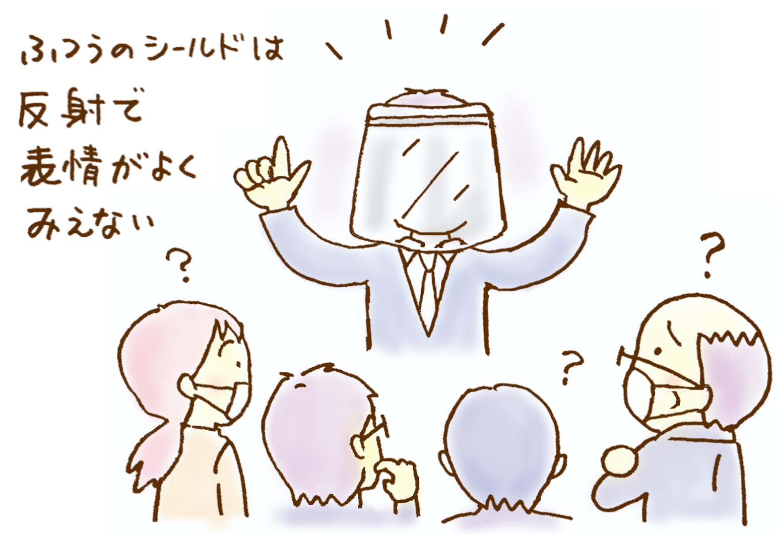 従来のフェイスシールドで生じる反射による課題のイラスト
