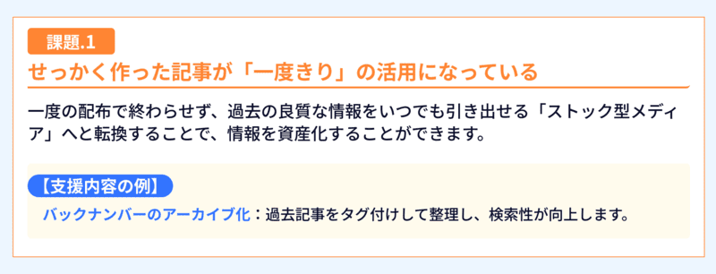課題：記事が一度きりの活用で終わる。解決策：過去情報を引き出せるストック型メディアへ転換し情報を資産化。支援例：バックナンバーのアーカイブ化。過去記事をタグ付け整理することで検索性を向上させます。