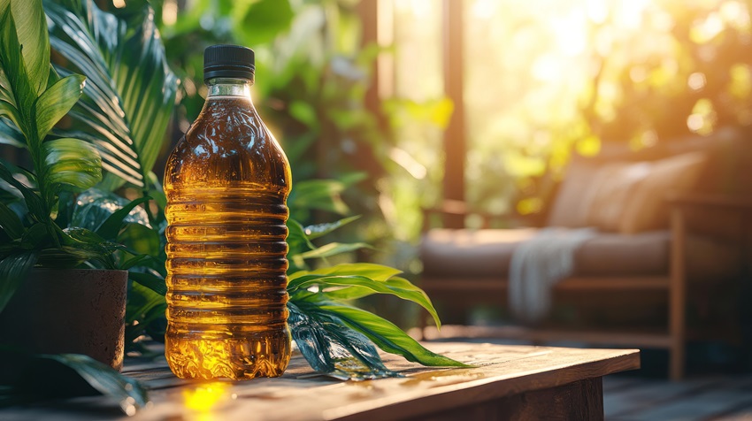 PETボトルに入って冷やされた茶系飲料が、観葉植物のある中庭のテーブルにおかれているイメージ写真
