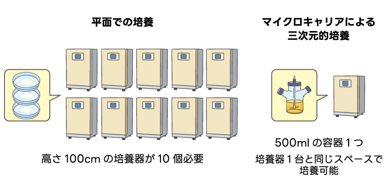 1億個の細胞を、平面・三次元的、それぞれで培養するイメージイラスト