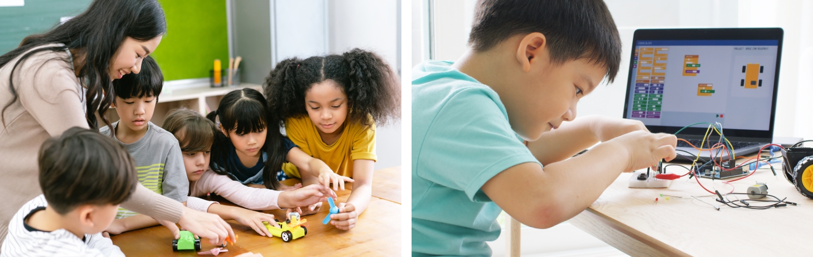 子どもたちが、電子工作のキットで科学を学んでいる写真。